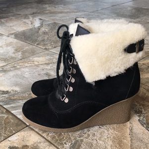 Black Suede w/Fur Wedge Ankle Boots